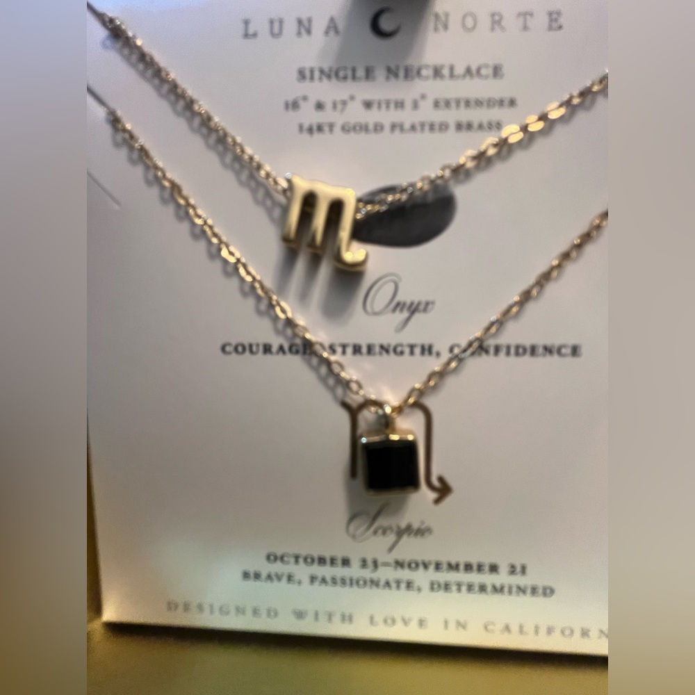 NWT Luna Norte Double 14k Gold Plated Zodiac Gemstone Necklace Set Scorpio Onyx